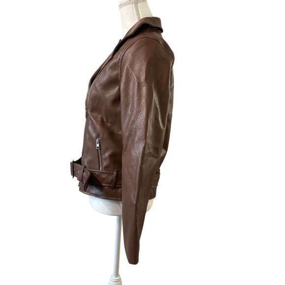 Old Navy Womens Brown Faux Leather Jacket S W/ Belted Waist & Zippered Pockets - Picture 2 of 10